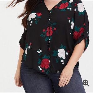 BLACK RED FLORAL BUTTON FRONT GEORGETTE BLOUSE